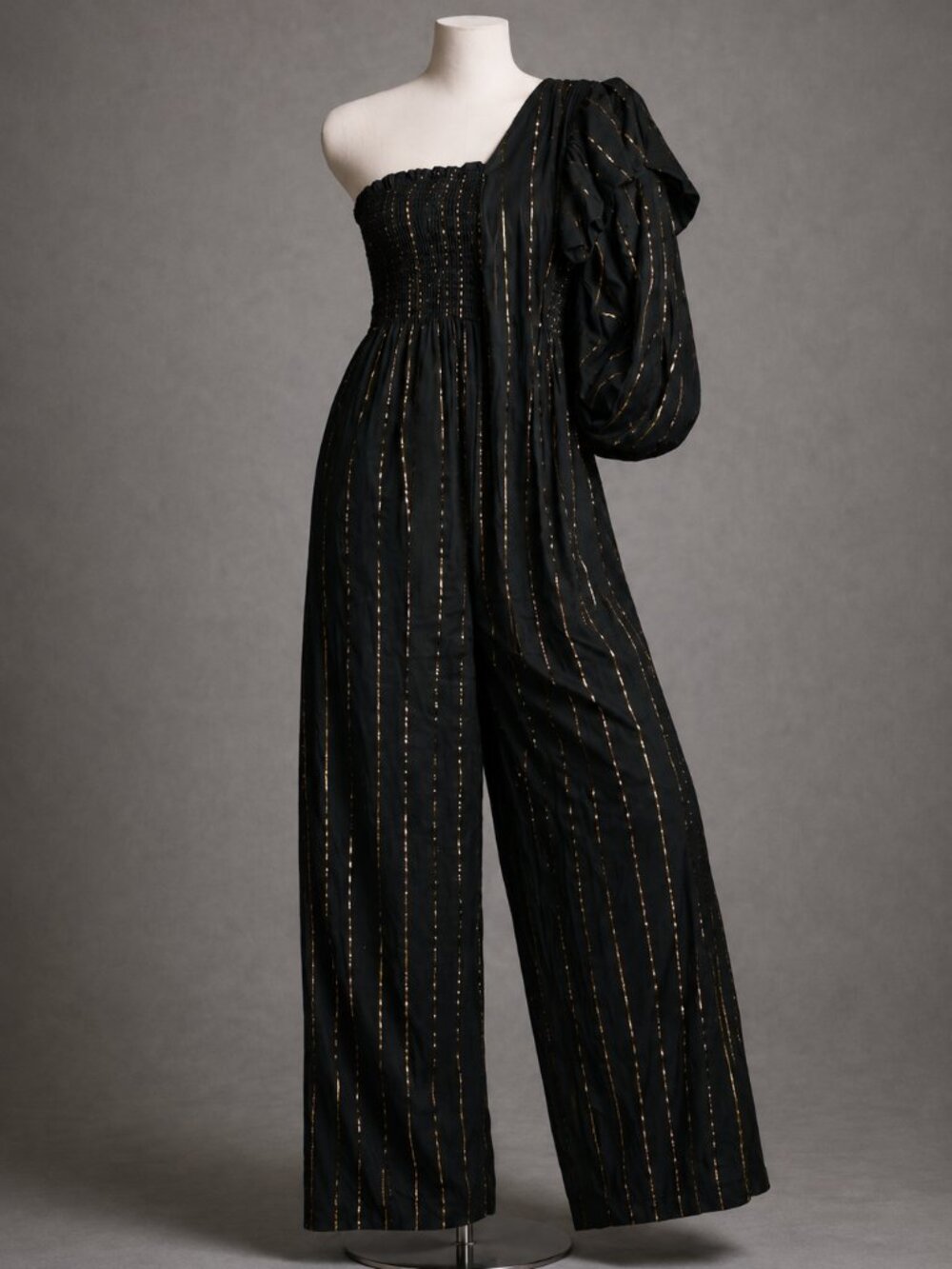 Farm Rio Anthropologie One Shoulder Jumpsuit XL Black Gold Stripe NWT - Picture 2 of 3